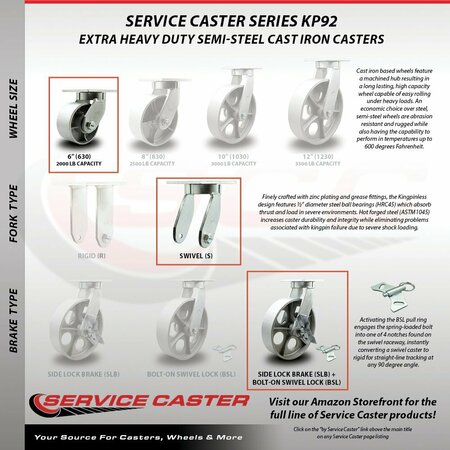 Service Caster 6'' Heavy Duty Semi Steel Cast Iron Caster Set 2 Swivel Lock/Brake 2 Rigid, 4PK CRAN-SCC-KP92S630-SSR-SLB-BSL-2-R-2